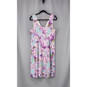Garnet Hill Dress Womens 14 Blue Purple Floral Sleeveless V Neck Cotton Lined
